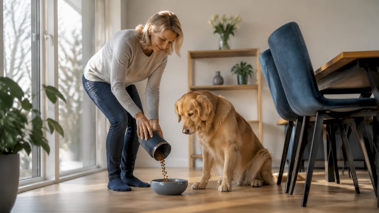 Kvinne gir allergivennlig mat til hunden sin hjemme