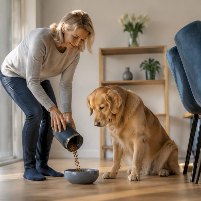 Kvinne gir allergivennlig mat til hunden sin hjemme