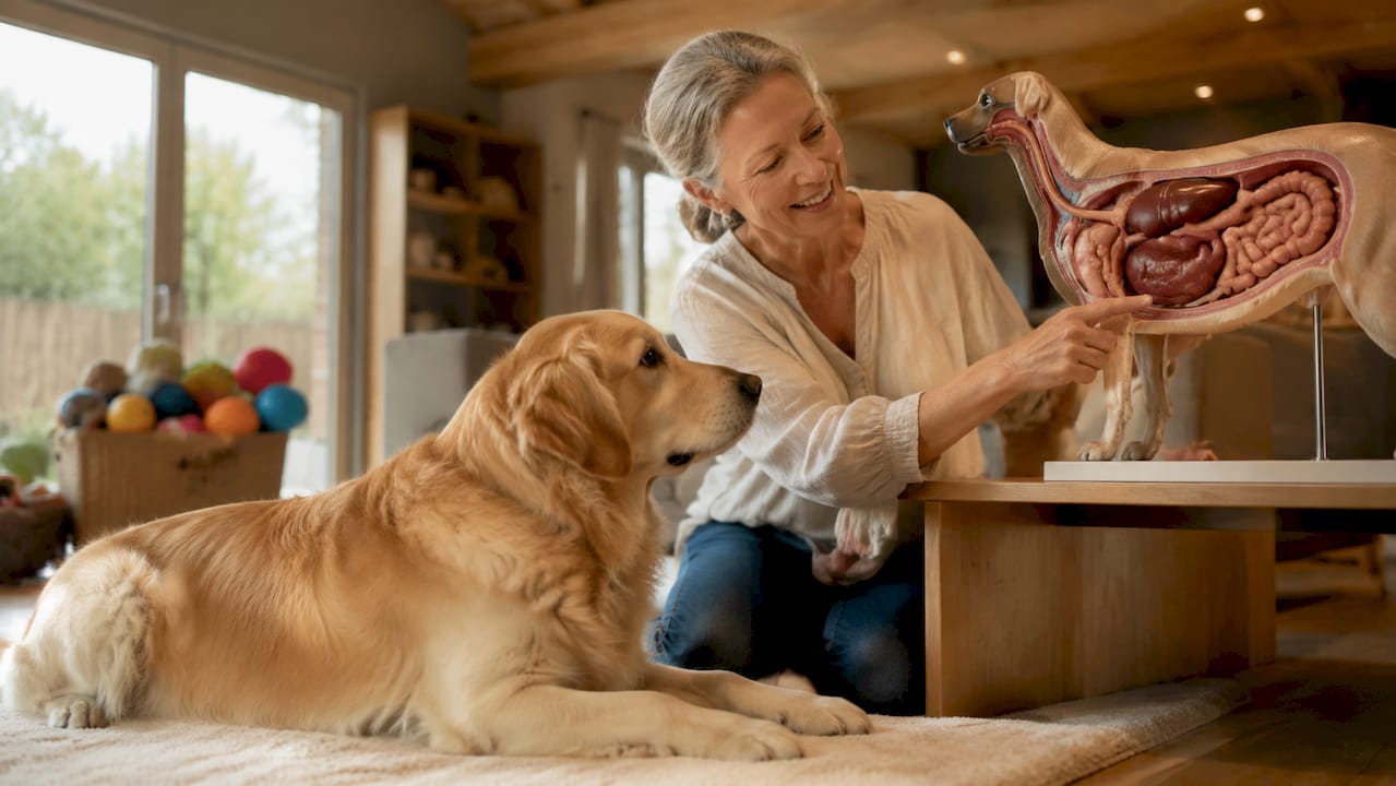 En golden retriever sammen med eieren sin og en modell av fordøyelsessystemet