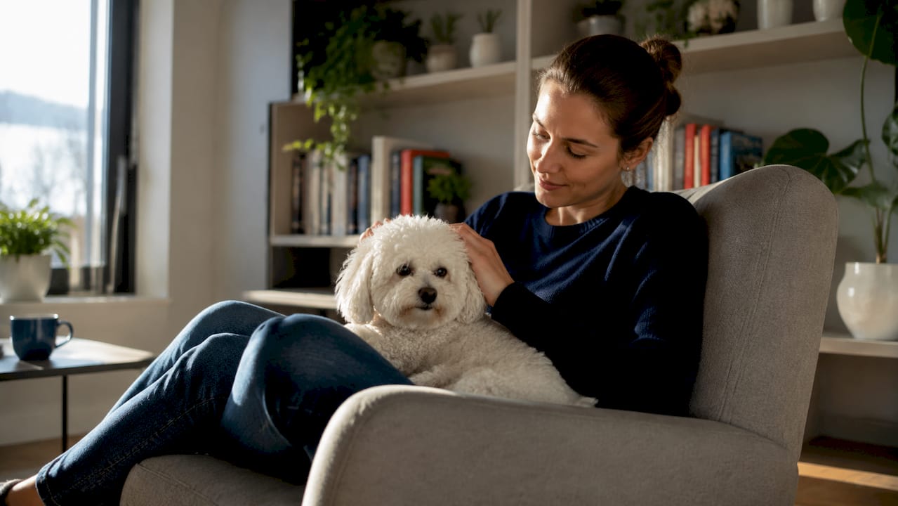 En kvinne koser med en allergivennlig hund i stua.