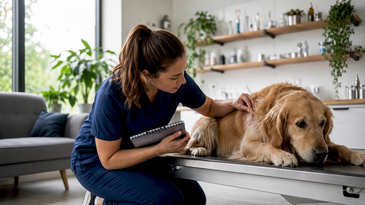 Veterinæren undersøker hunden for tegn på allergi
