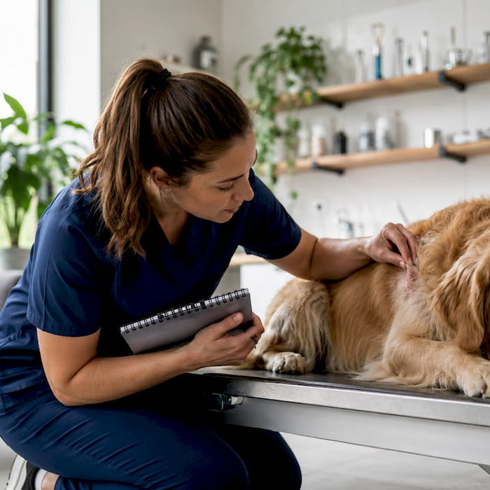 Veterinæren undersøker hunden for tegn på allergi