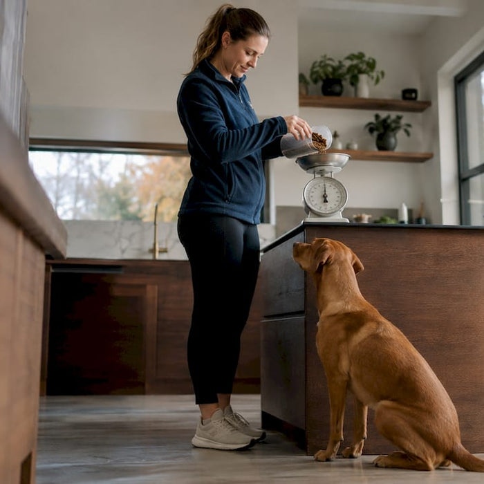 En dame står på kjøkkenet og veier opp hundemat, mens hunden hennes venter spent ved siden av.