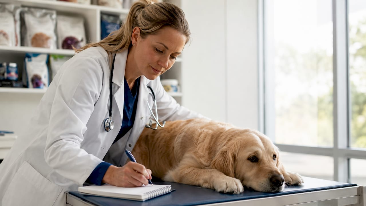En veterinær undersøker en hund for tegn på matallergi.