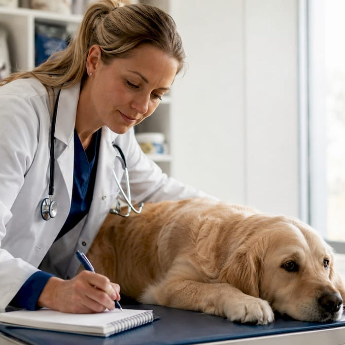 En veterinær undersøker en hund for tegn på matallergi.