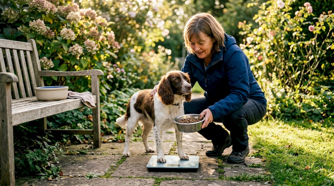 En kvinne veier hunden sin utendørs, mens matskålen til hunden står ved siden av.