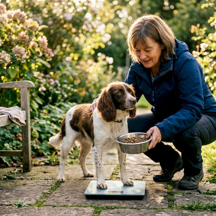 En kvinne veier hunden sin utendørs, mens matskålen til hunden står ved siden av.