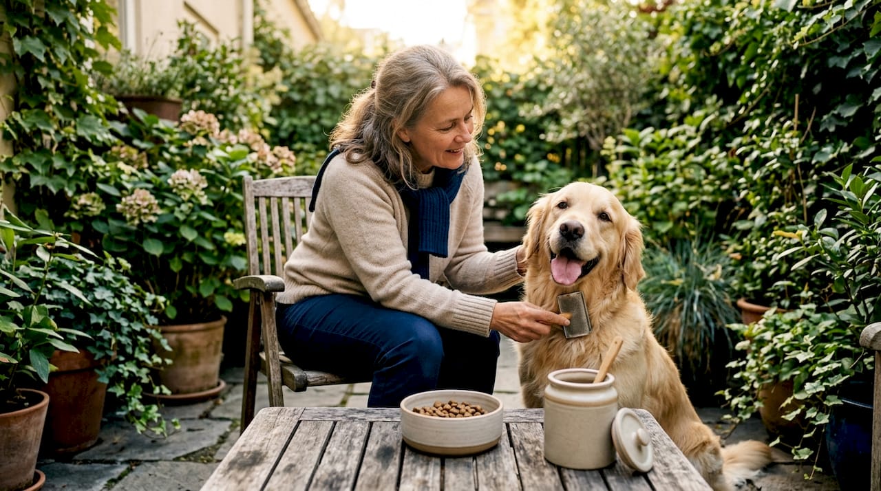 En kvinne sitter og børster hunden sin i stua, omgitt av en lun og hyggelig atmosfære.