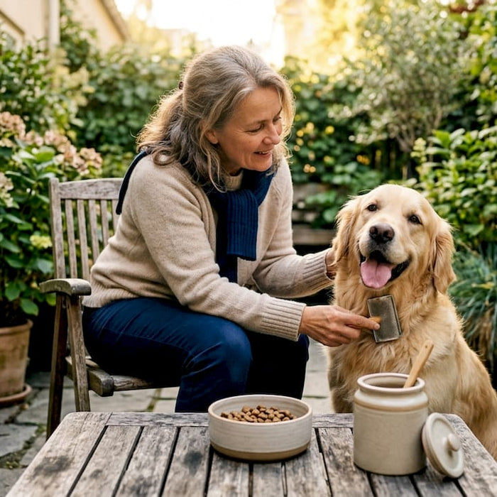 En kvinne sitter og børster hunden sin i stua, omgitt av en lun og hyggelig atmosfære.