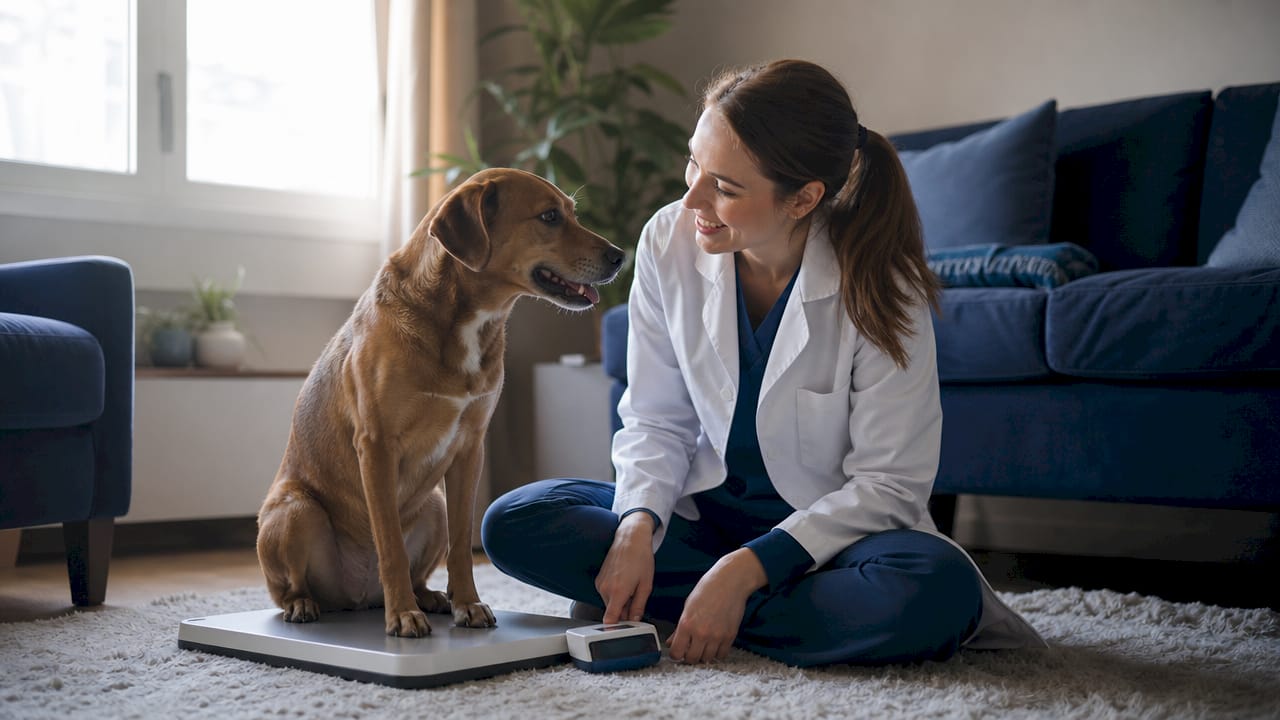 En veterinær veier en hund på klinikken