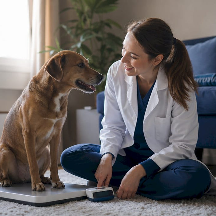 En veterinær veier en hund på klinikken