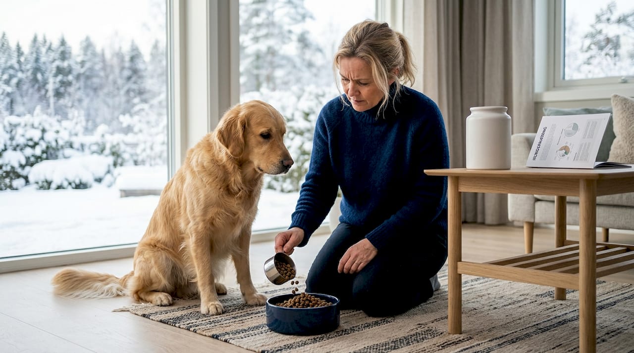 En norsk kvinne gir hunden sin mat på kjøkkenet.