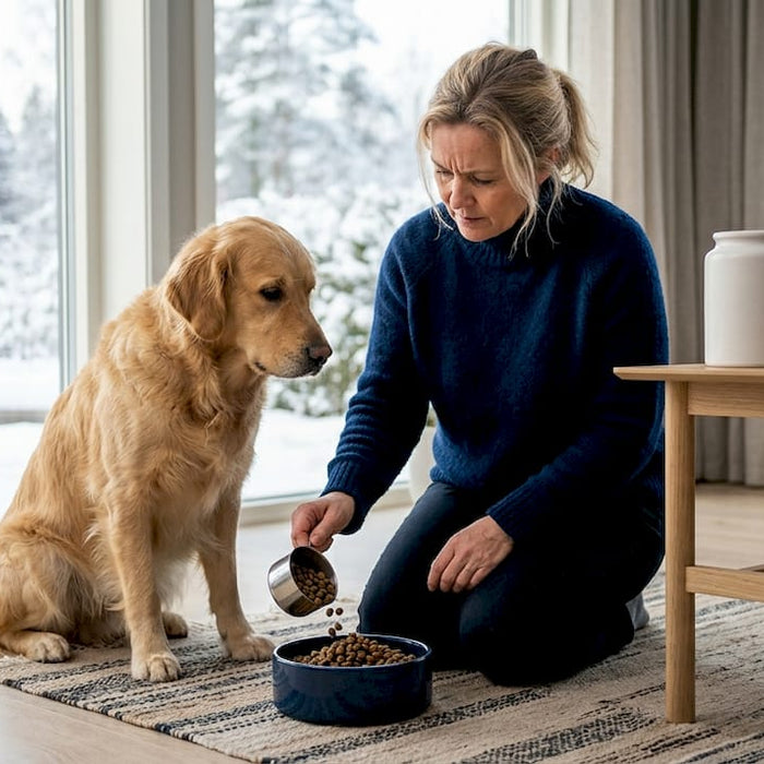 En norsk kvinne gir hunden sin mat på kjøkkenet.
