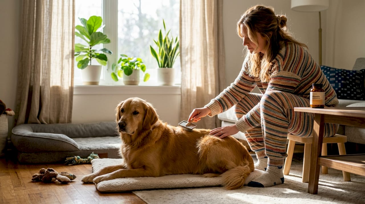 En golden retriever med blank og sunn pels nyter å bli klappet.
