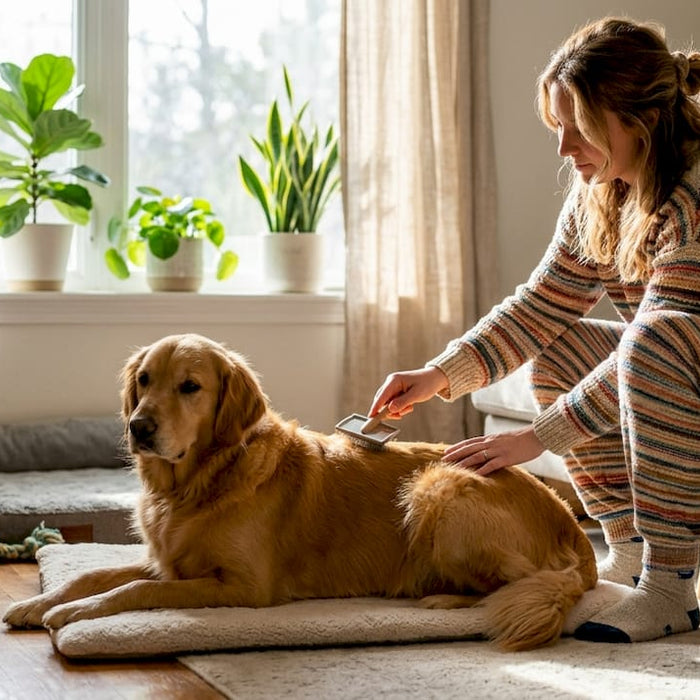 En golden retriever med blank og sunn pels nyter å bli klappet.