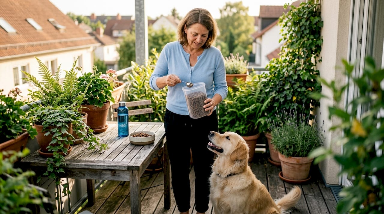 En kvinne står på kjøkkenet og velger ut hundemat, mens hunden hennes følger spent med ved siden av.