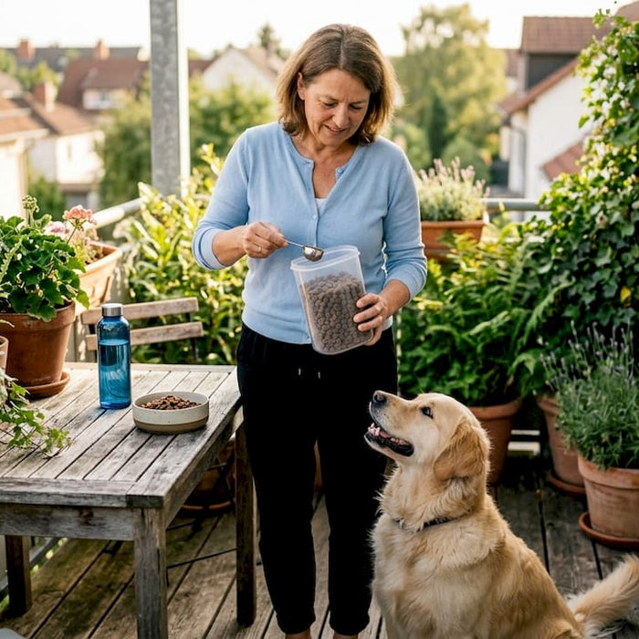 En kvinne står på kjøkkenet og velger ut hundemat, mens hunden hennes følger spent med ved siden av.