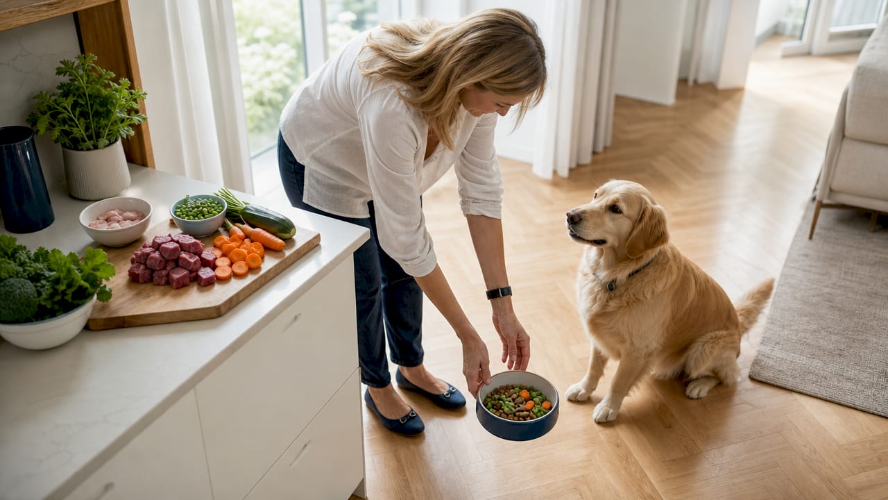 En kvinne gir næringsrik hundemat til sin glade golden retriever.