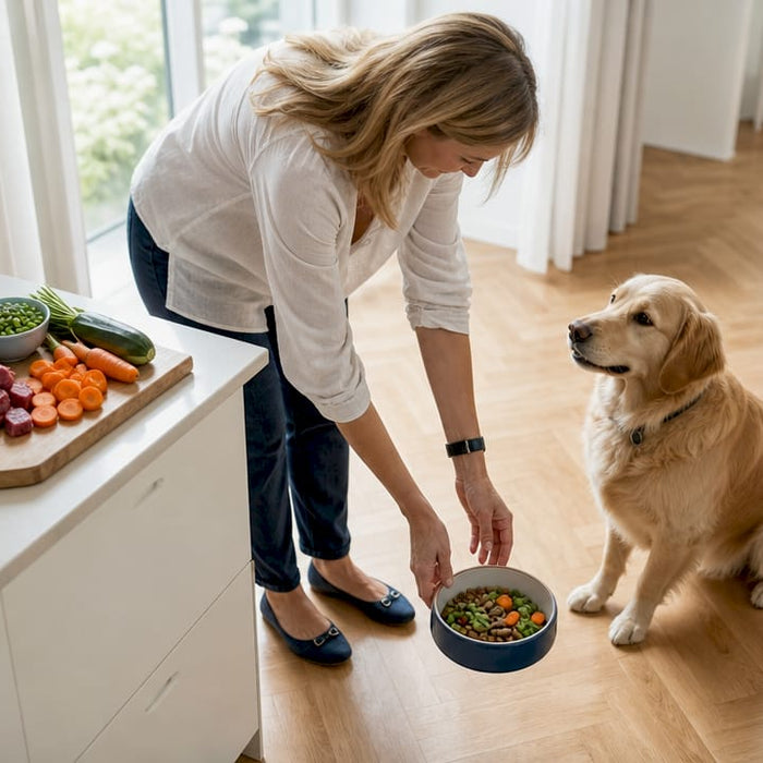En kvinne gir næringsrik hundemat til sin glade golden retriever.
