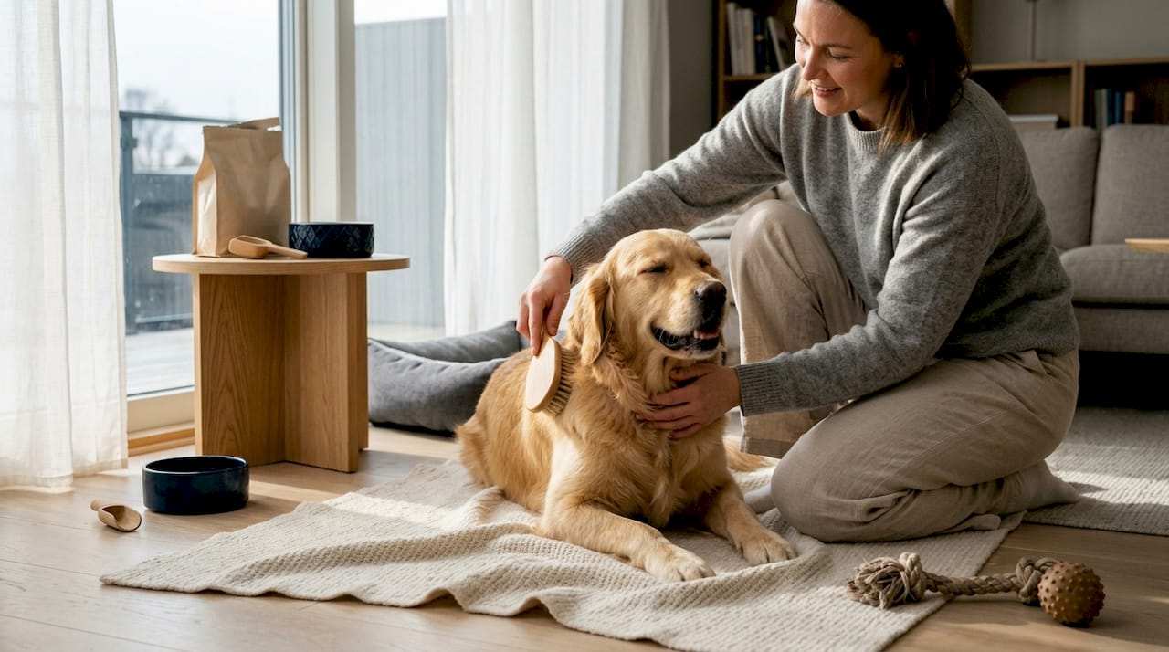 En norsk hund som koser seg inne sammen med en omsorgsfull eier.