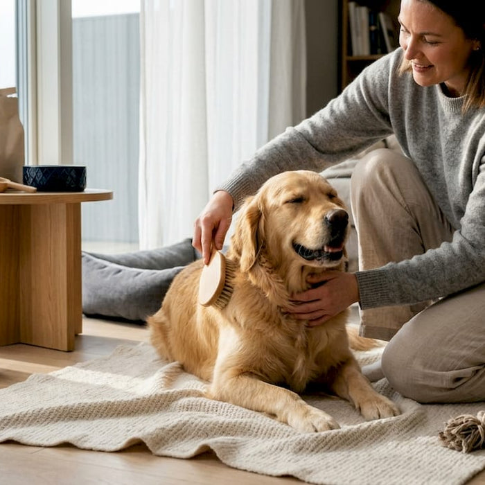 En norsk hund som koser seg inne sammen med en omsorgsfull eier.