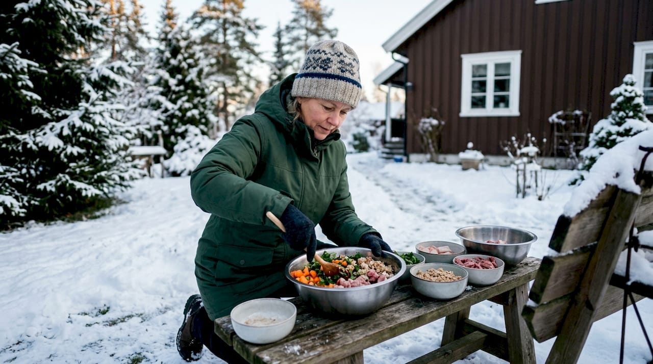 En kvinne står ute og gjør klar mat til hunden sin, mens den firbeinte vennen følger spent med.