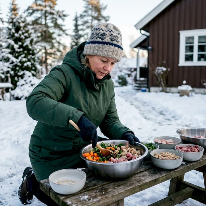 En kvinne står ute og gjør klar mat til hunden sin, mens den firbeinte vennen følger spent med.
