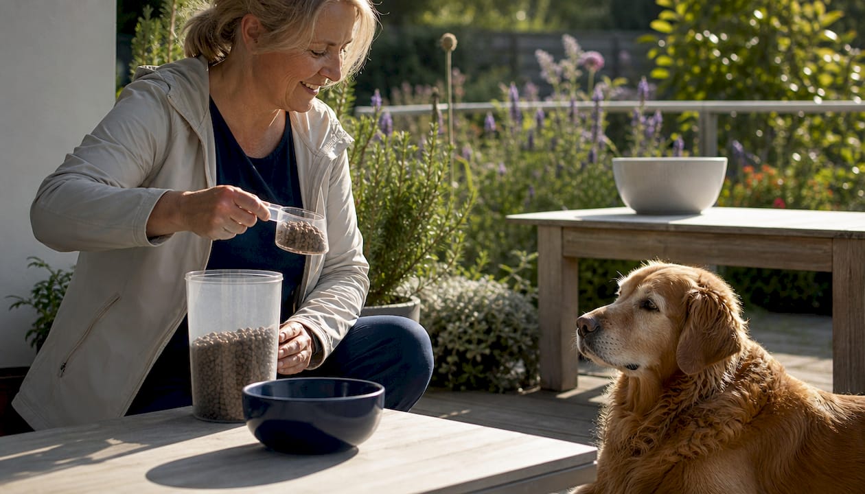 En eldre hundeeier står på kjøkkenet og måler opp riktig mengde hundemat til sin firbeinte venn.