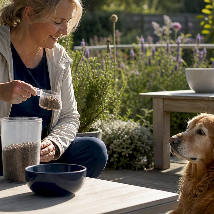 En eldre hundeeier står på kjøkkenet og måler opp riktig mengde hundemat til sin firbeinte venn.