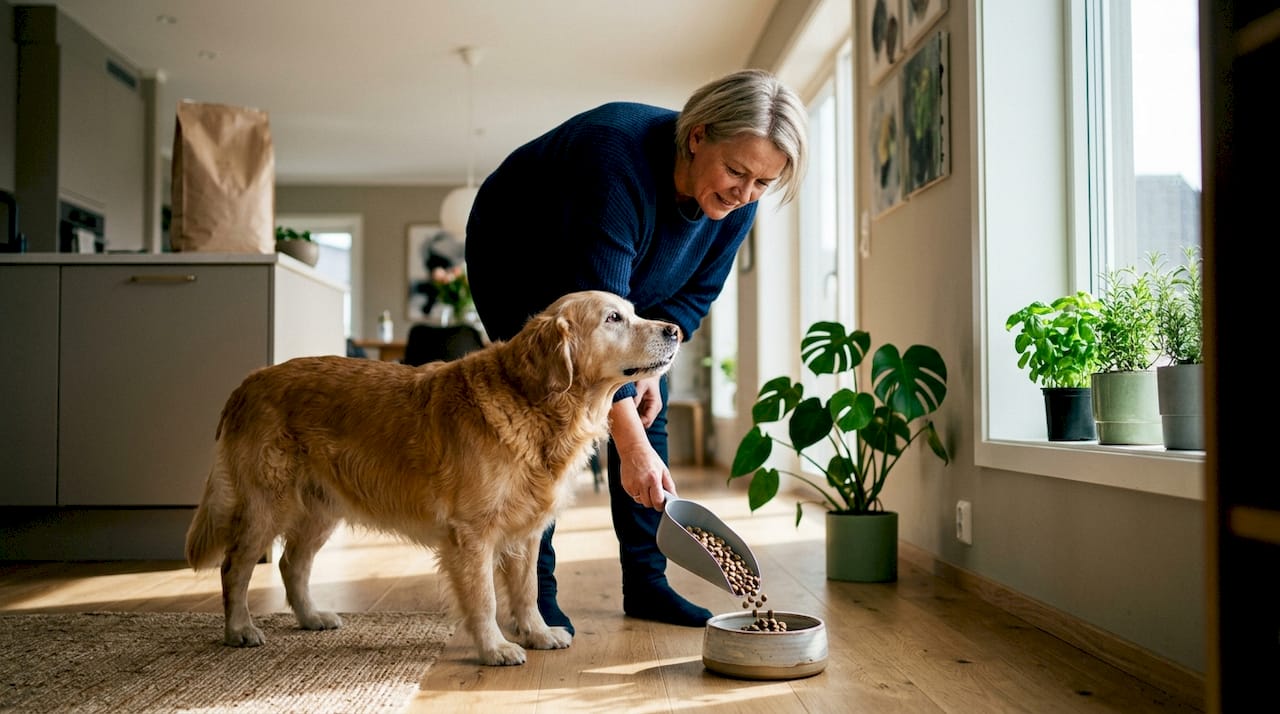 En kvinne gir hunden sin, som har blitt eldre, spesialtilpasset mat.