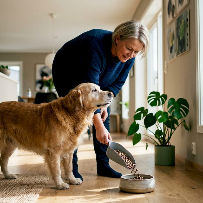En kvinne gir hunden sin, som har blitt eldre, spesialtilpasset mat.