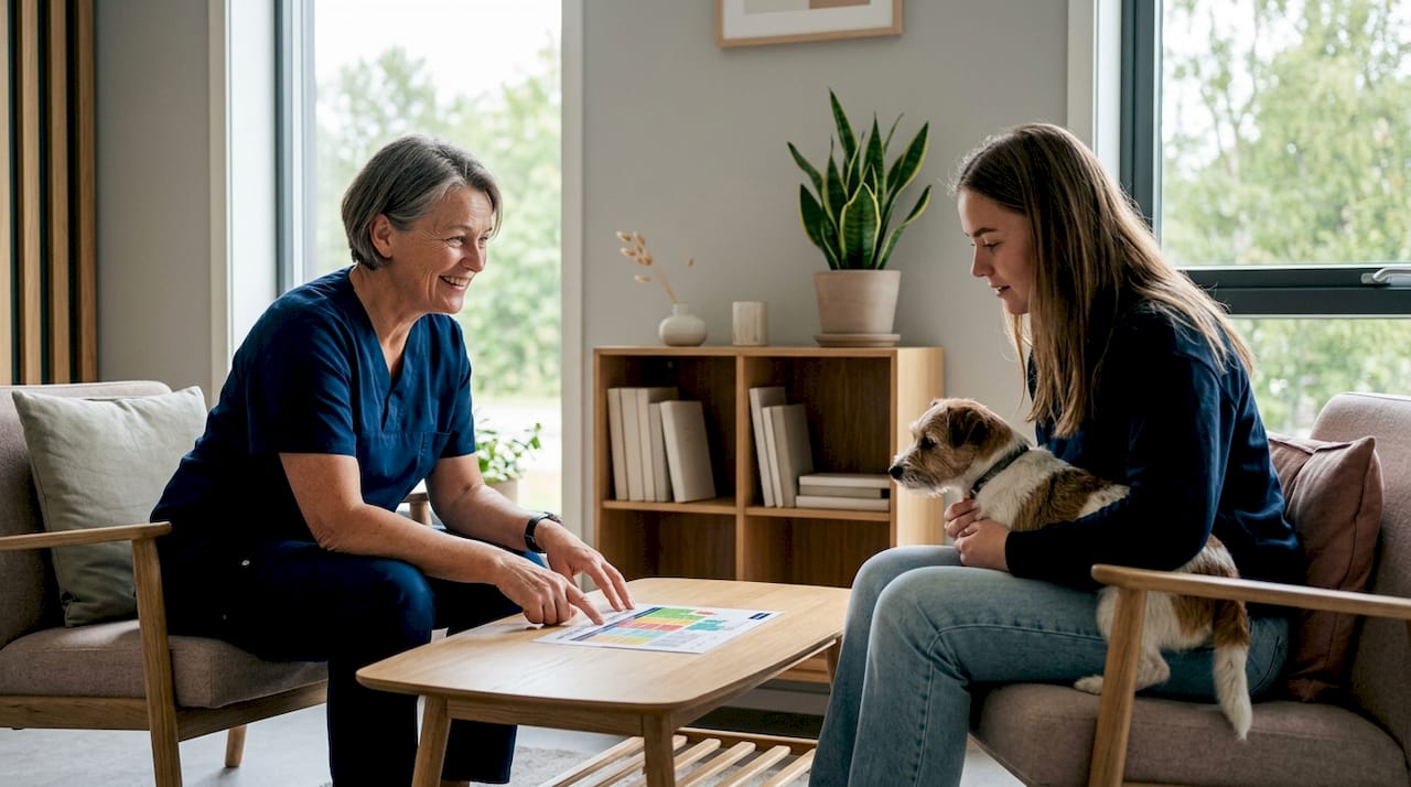 En veterinær gir råd til en hundeeier om hva slags fôr og kosthold som passer best for hunden deres.