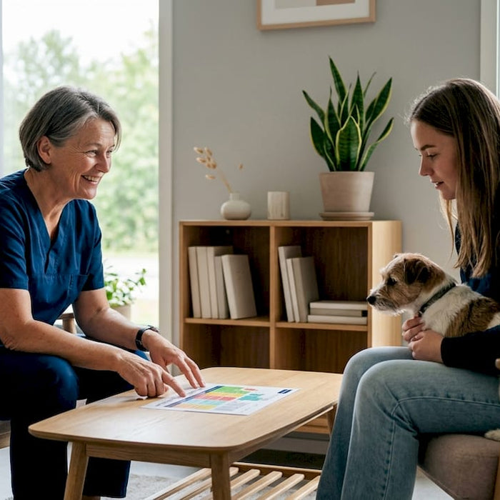 En veterinær gir råd til en hundeeier om hva slags fôr og kosthold som passer best for hunden deres.