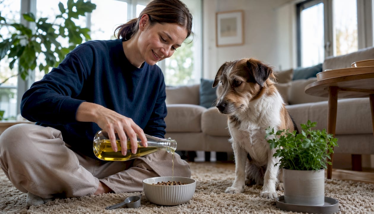 En kvinne heller rapsolje over hundematen.