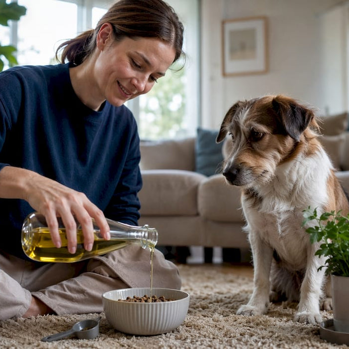 En kvinne heller rapsolje over hundematen.