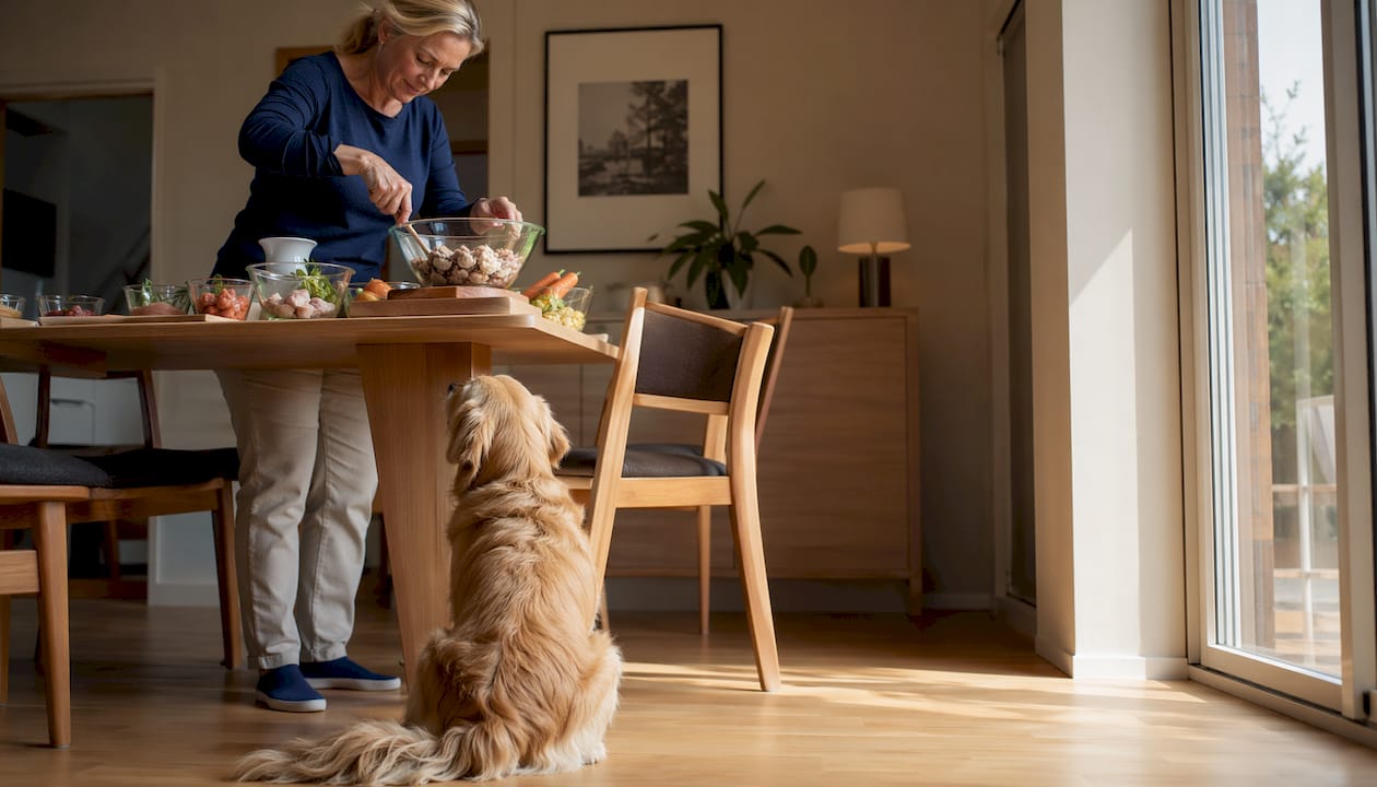 En kvinne gir hunden sin et spesielt måltid på kjøkkenet, tilpasset hundens sensitive mage.