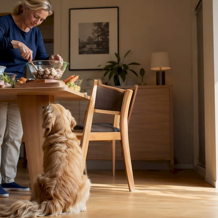 En kvinne gir hunden sin et spesielt måltid på kjøkkenet, tilpasset hundens sensitive mage.