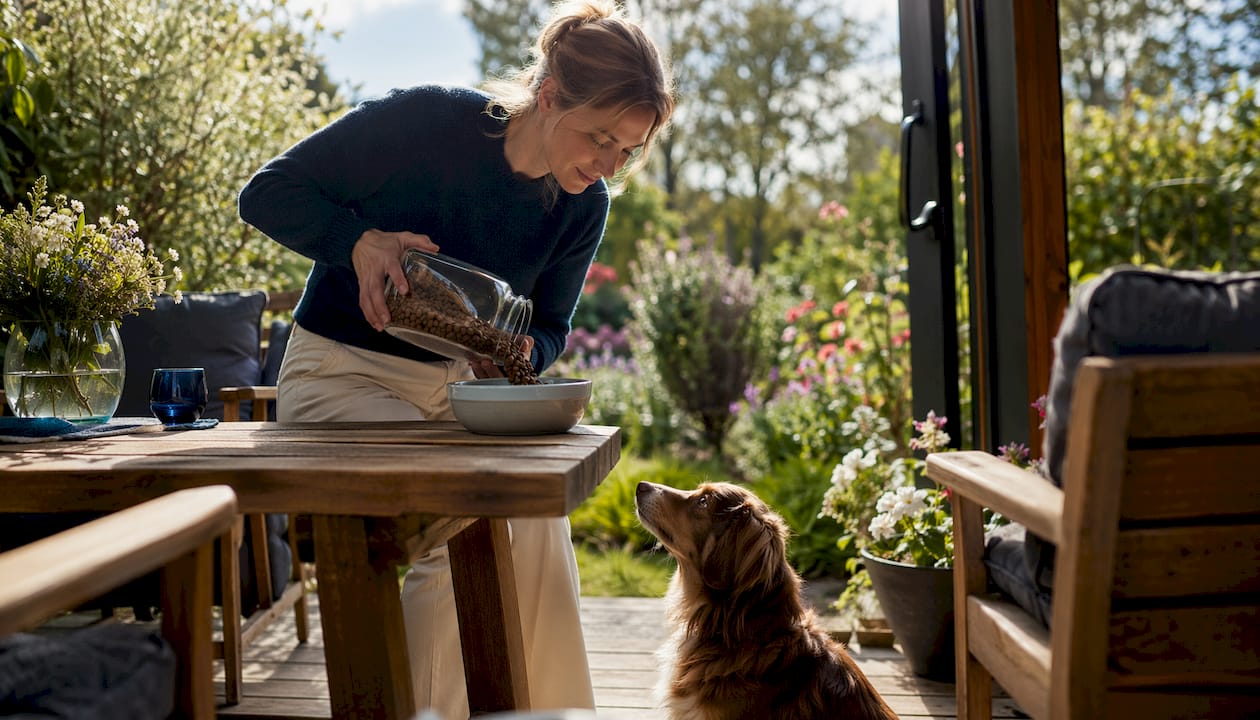 En hundeeier står på kjøkkenet og veier opp glutenfritt hundemat til hunden sin.