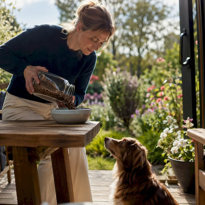 En hundeeier står på kjøkkenet og veier opp glutenfritt hundemat til hunden sin.