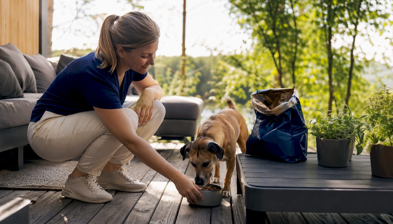 En kvinne står på kjøkkenet og gir hunden sin mat.