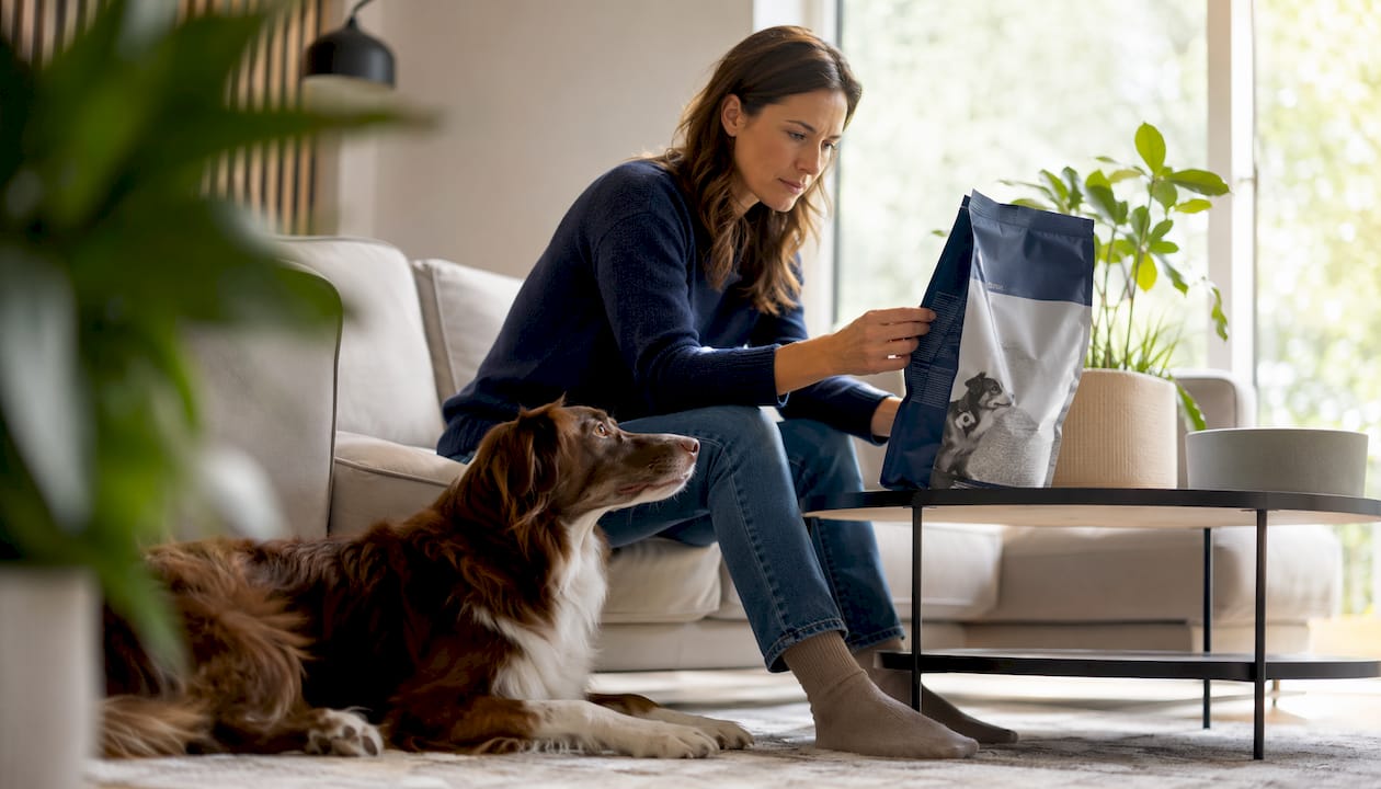 En kvinne står hjemme og velger ut hundemat sammen med hunden sin.