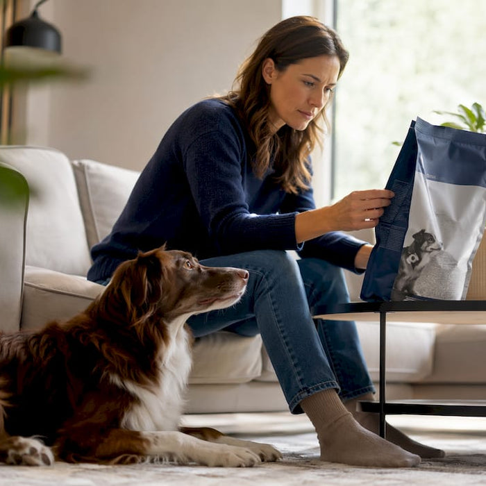 En kvinne står hjemme og velger ut hundemat sammen med hunden sin.