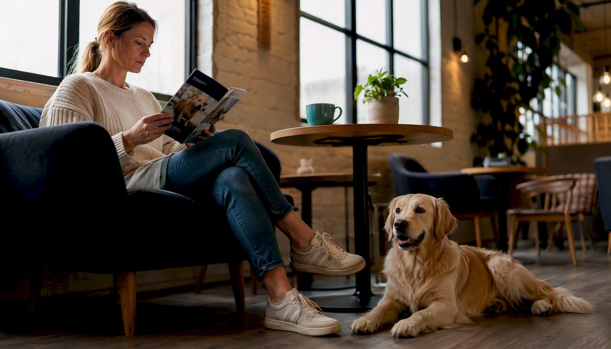 En hundeeier som sitter hjemme og leser seg opp på naturlig fôr til hunden sin