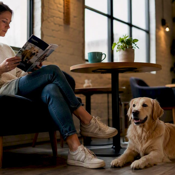 En hundeeier som sitter hjemme og leser seg opp på naturlig fôr til hunden sin