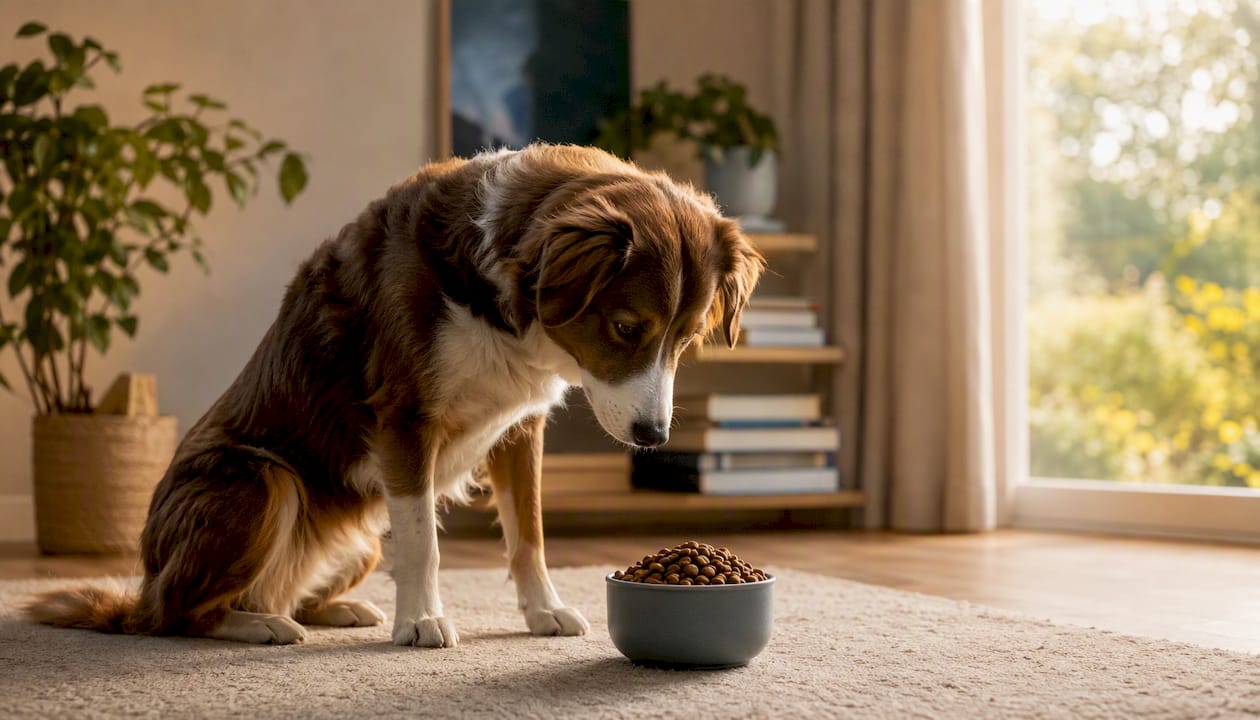 En norsk hund koser seg med tørrfôr fra matskålen sin.