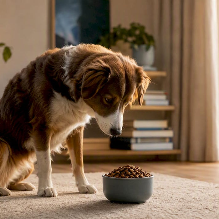 En norsk hund koser seg med tørrfôr fra matskålen sin.