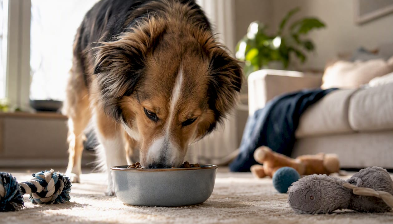 En hund koser seg med allergivennlig hundemat på kjøkkenet.