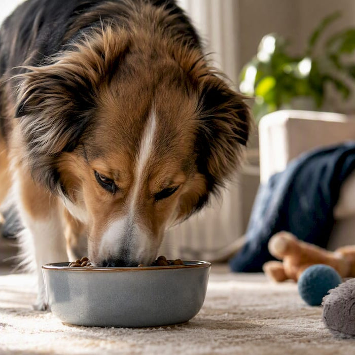En hund koser seg med allergivennlig hundemat på kjøkkenet.