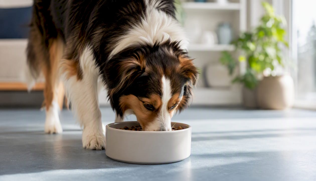 En norsk hund som spiser tørrfôr