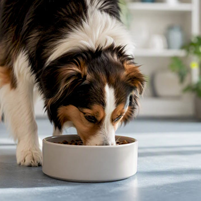 En norsk hund som spiser tørrfôr